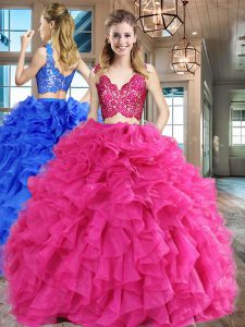 Pretty Hot Pink 15th Birthday Dress Military Ball and Sweet 16 and Quinceanera with Lace and Ruffles V-neck Sleeveless Zipper