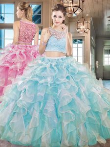 Aqua Blue Two Pieces Beading and Ruffles Ball Gown Prom Dress Side Zipper Organza Sleeveless Floor Length