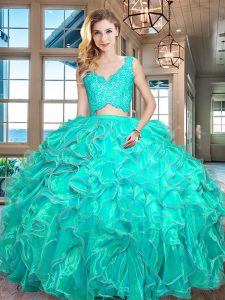Sweet Turquoise Two Pieces Organza V-neck Sleeveless Lace and Ruffles Floor Length Zipper Sweet 16 Dresses