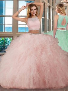 Scoop Pink Backless Ball Gown Prom Dress Beading and Ruffles Sleeveless Floor Length