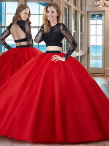 Scoop Backless Red Long Sleeves Appliques Floor Length Sweet 16 Dresses