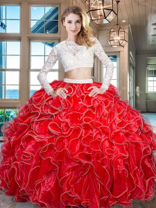 Red Scoop Neckline Beading and Lace and Ruffles 15th Birthday Dress Long Sleeves Zipper