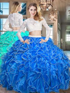 Scoop Organza Long Sleeves Floor Length Quinceanera Gowns and Beading and Lace and Ruffles