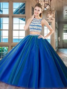Admirable Royal Blue Backless Scoop Beading Ball Gown Prom Dress Tulle Sleeveless