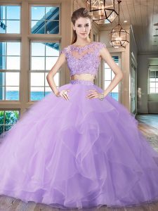 Nice Scoop Lavender Two Pieces Beading and Appliques and Ruffles Ball Gown Prom Dress Zipper Organza Cap Sleeves With Train