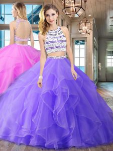 Captivating Scoop Lavender Backless Vestidos de Quinceanera Beading and Ruffles Sleeveless With Brush Train