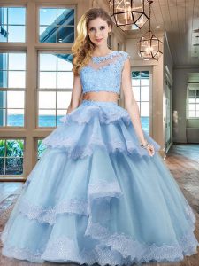 Customized Scoop Ruffled Light Blue Cap Sleeves Tulle Zipper Vestidos de Quinceanera for Military Ball and Sweet 16 and Quinceanera