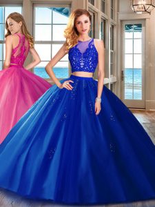 Floor Length Royal Blue Sweet 16 Dress Scoop Sleeveless Zipper
