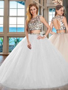 Great Backless Scoop Cap Sleeves Quince Ball Gowns Floor Length Beading White Tulle