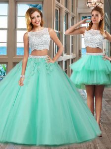 Floor Length Side Zipper Ball Gown Prom Dress Apple Green for Military Ball and Sweet 16 and Quinceanera with Beading and Appliques