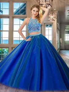 Most Popular Scoop Royal Blue Tulle Backless Sweet 16 Quinceanera Dress Sleeveless Floor Length Beading
