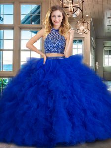 Halter Top Backless Tulle Sleeveless Ball Gown Prom Dress Brush Train and Beading and Ruffles