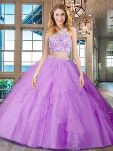 Lilac Scoop Neckline Beading and Ruffles Quinceanera Gown Sleeveless Backless