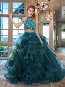 Sumptuous Teal 15th Birthday Dress Halter Top Sleeveless Brush Train Backless