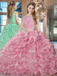 Fantastic Pink Sleeveless Brush Train Lace and Ruffles With Train Sweet 16 Dress