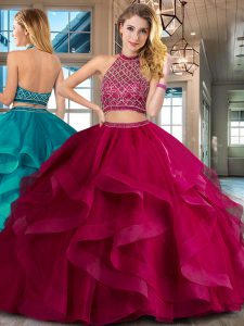 Exceptional Backless Halter Top Sleeveless Vestidos de Quinceanera Brush Train Beading and Ruffles Fuchsia Tulle