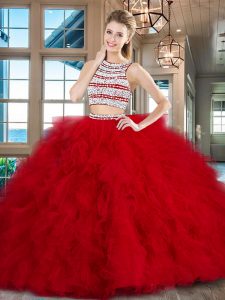 Dramatic Scoop Sleeveless Tulle With Brush Train Backless Quinceanera Dresses in Red with Beading and Ruffles