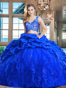 Royal Blue Sleeveless Brush Train Lace and Ruffles and Pick Ups Quinceanera Dresses