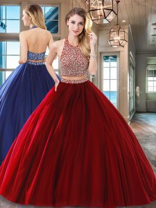 Wine Red Two Pieces Halter Top Sleeveless Tulle Floor Length Backless Beading Ball Gown Prom Dress