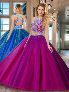 Smart Scoop Floor Length Backless Sweet 16 Dress Fuchsia for Military Ball and Sweet 16 and Quinceanera with Beading