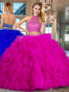 Graceful Halter Top Fuchsia Two Pieces Beading and Ruffles Quinceanera Gowns Backless Tulle Sleeveless