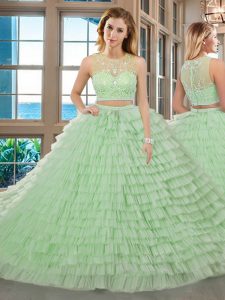 Scoop Sleeveless Sweet 16 Dresses Floor Length Beading and Ruffled Layers Apple Green Tulle