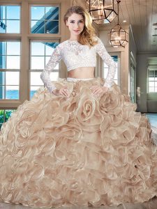 Scoop Two Pieces Long Sleeves Champagne Sweet 16 Quinceanera Dress Brush Train Zipper