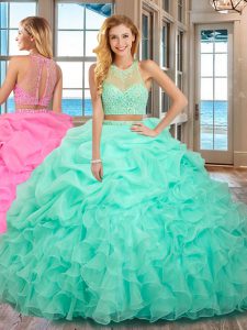 Simple Organza High-neck Sleeveless Lace Up Beading and Ruffles Vestidos de Quinceanera in Apple Green
