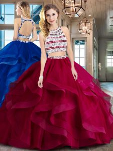 Hot Sale Tulle Scoop Sleeveless Brush Train Backless Beading and Ruffles Sweet 16 Dress in Wine Red