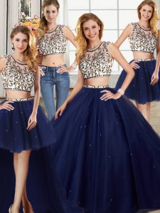 Designer Four Piece Brush Train Ball Gowns Quinceanera Dress Navy Blue Scoop Tulle Cap Sleeves With Train Backless