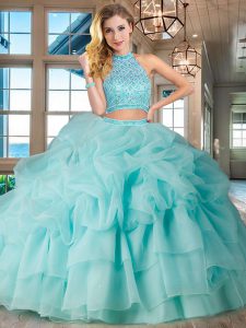 Designer Halter Top Sleeveless Brush Train Backless Beading and Ruffled Layers and Pick Ups Quinceanera Dresses