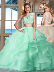 Fantastic Apple Green Tulle Zipper Bateau Cap Sleeves Floor Length Quinceanera Gown Appliques and Ruffles