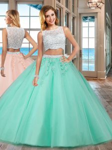 Cheap Bateau Sleeveless Tulle Quinceanera Gown Beading and Appliques Side Zipper