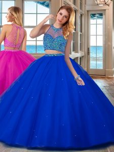 Spectacular Sleeveless Floor Length Beading Lace Up Quinceanera Gowns with Royal Blue