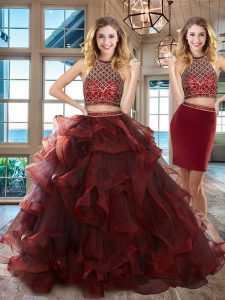 Halter Top Burgundy Two Pieces Beading and Ruffles Quinceanera Dress Backless Tulle Sleeveless