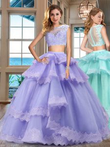Lavender Two Pieces Tulle Bateau Cap Sleeves Lace and Appliques and Ruffled Layers Floor Length Zipper Quinceanera Dresses