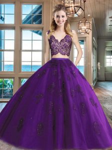 Tulle V-neck Sleeveless Zipper Lace and Appliques Quinceanera Gown in Purple