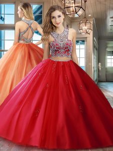 Ideal Red Two Pieces Scoop Sleeveless Tulle With Brush Train Criss Cross Beading and Appliques Quinceanera Dresses