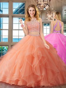 Luxurious Peach Two Pieces Scoop Sleeveless Organza Floor Length Backless Beading and Ruffles 15 Quinceanera Dress