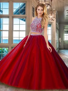 Latest Scoop Red Two Pieces Beading Quinceanera Dress Backless Tulle Sleeveless
