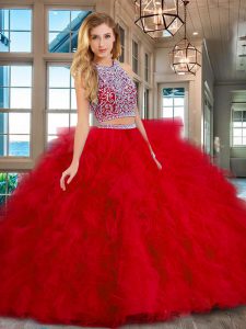 Hot Sale Scoop Red Two Pieces Beading and Ruffles 15th Birthday Dress Backless Tulle Sleeveless Floor Length