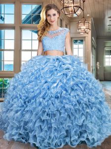 Extravagant Two Pieces Ball Gown Prom Dress Baby Blue Scoop Organza Cap Sleeves Floor Length Zipper