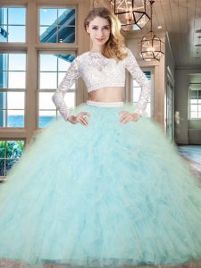 Pretty Light Blue Scoop Neckline Beading and Lace and Ruffles Quinceanera Gown Long Sleeves Zipper