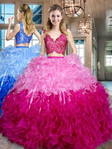 Multi-color Sleeveless Lace and Ruffles Floor Length Ball Gown Prom Dress