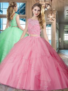 Custom Fit Rose Pink Tulle Lace Up Sweet 16 Dresses Sleeveless With Brush Train Lace and Ruffles
