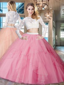 Glittering Scoop Long Sleeves Zipper Floor Length Beading and Lace and Ruffles Ball Gown Prom Dress