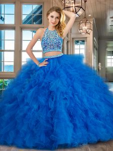 Scoop Backless Blue Sleeveless Beading and Ruffles Floor Length Ball Gown Prom Dress