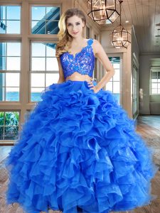 Suitable Blue Sleeveless Organza Zipper Ball Gown Prom Dress for Military Ball and Sweet 16 and Quinceanera