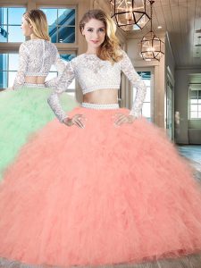 Watermelon Red Scoop Zipper Beading and Lace and Ruffles 15 Quinceanera Dress Long Sleeves
