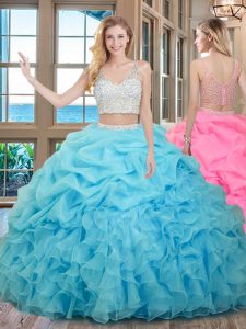 Superior Baby Blue Two Pieces V-neck Sleeveless Organza Floor Length Zipper Beading and Ruffles and Pick Ups Quinceanera Gown